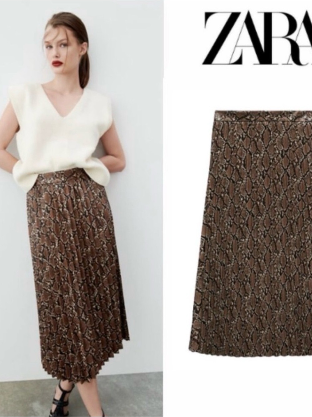 ZARA Brown Snake-Print Pleated Midi Skirt
